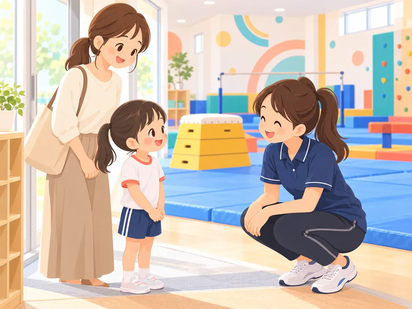 体育館で子どもを迎えるコーチ